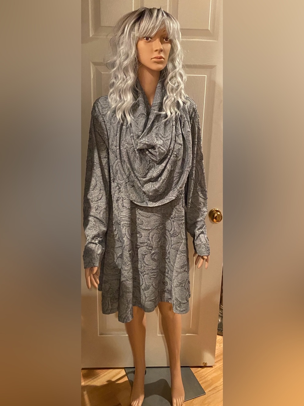 Gray Long-Sleeve Draped Cowl Neck Dress